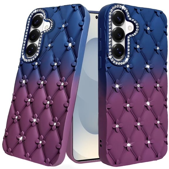 For Samsung s26 Floral Joy Glitter Shimmer Leather Feel Thick TPU Case - Dark Blue/Burgundy
