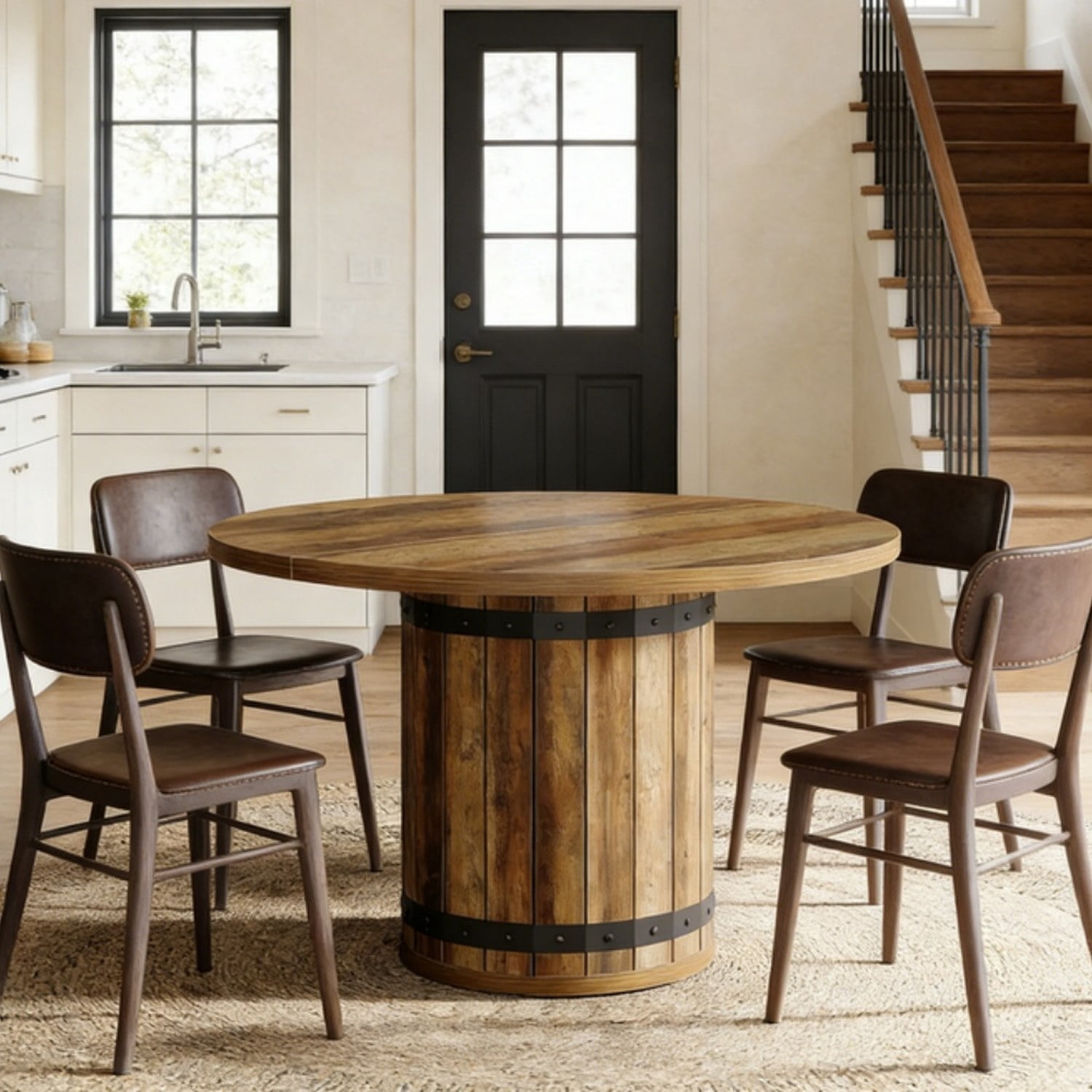 39.37 in Round Farmhouse Dining Table, Rustic Brown MDF, Seats 4