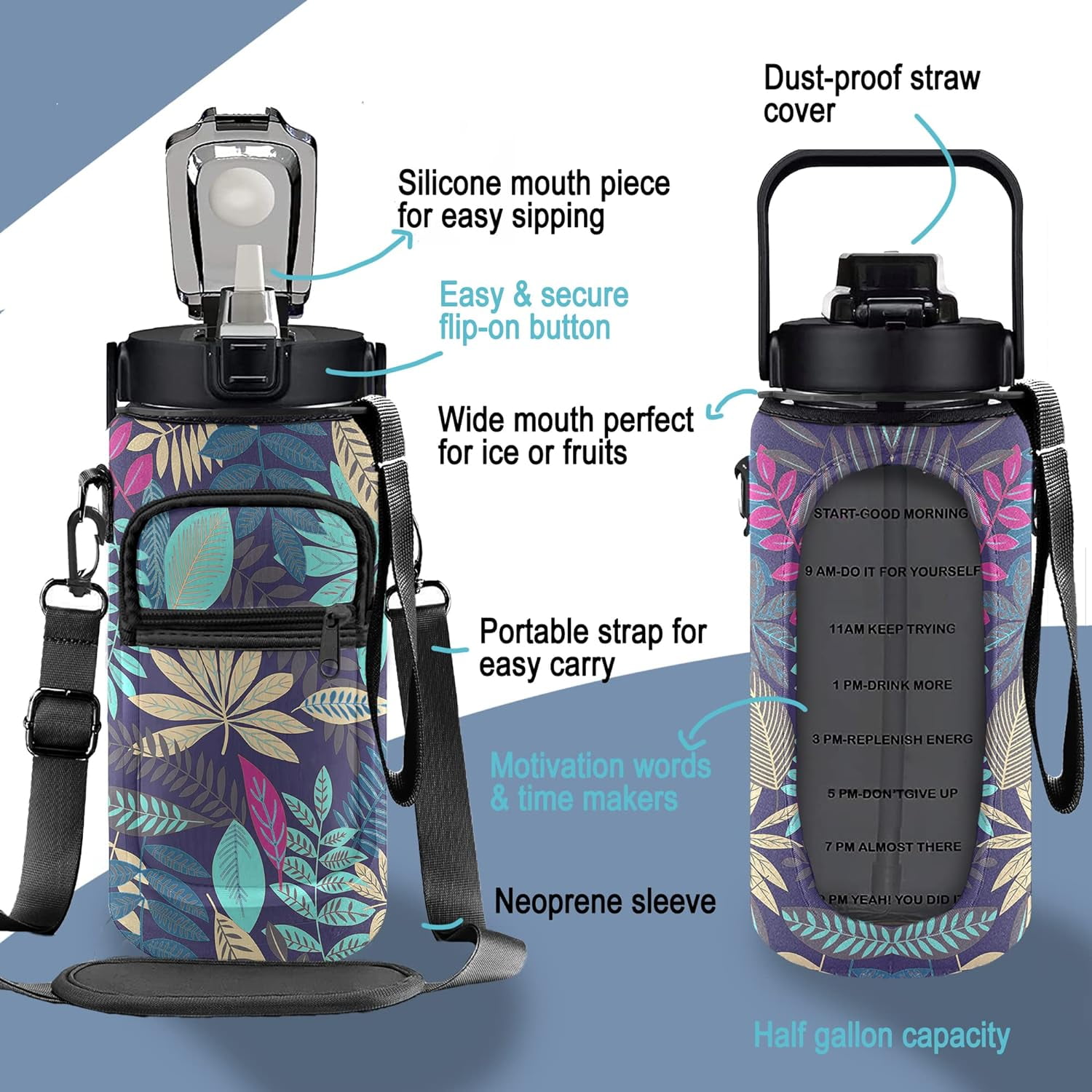 Tropical Leaves Half Gallon Water Bottle with Sleeve 1/2 Gallon Water Bottle 64 Oz Water Bottle with Time Marker, Motivational Water Bottle Half Gallon Water Bottle with Straw for Women Gym Pregnance