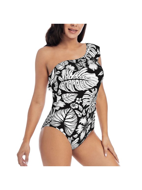 Picia Tropical Leaves Pattern Women's One Piece Swimsuits,One Shoulder Swimwear Asymmetric ,Ruffle Monokinis Bathing Suits,High Waisted Flattering Bathing Suits-Small