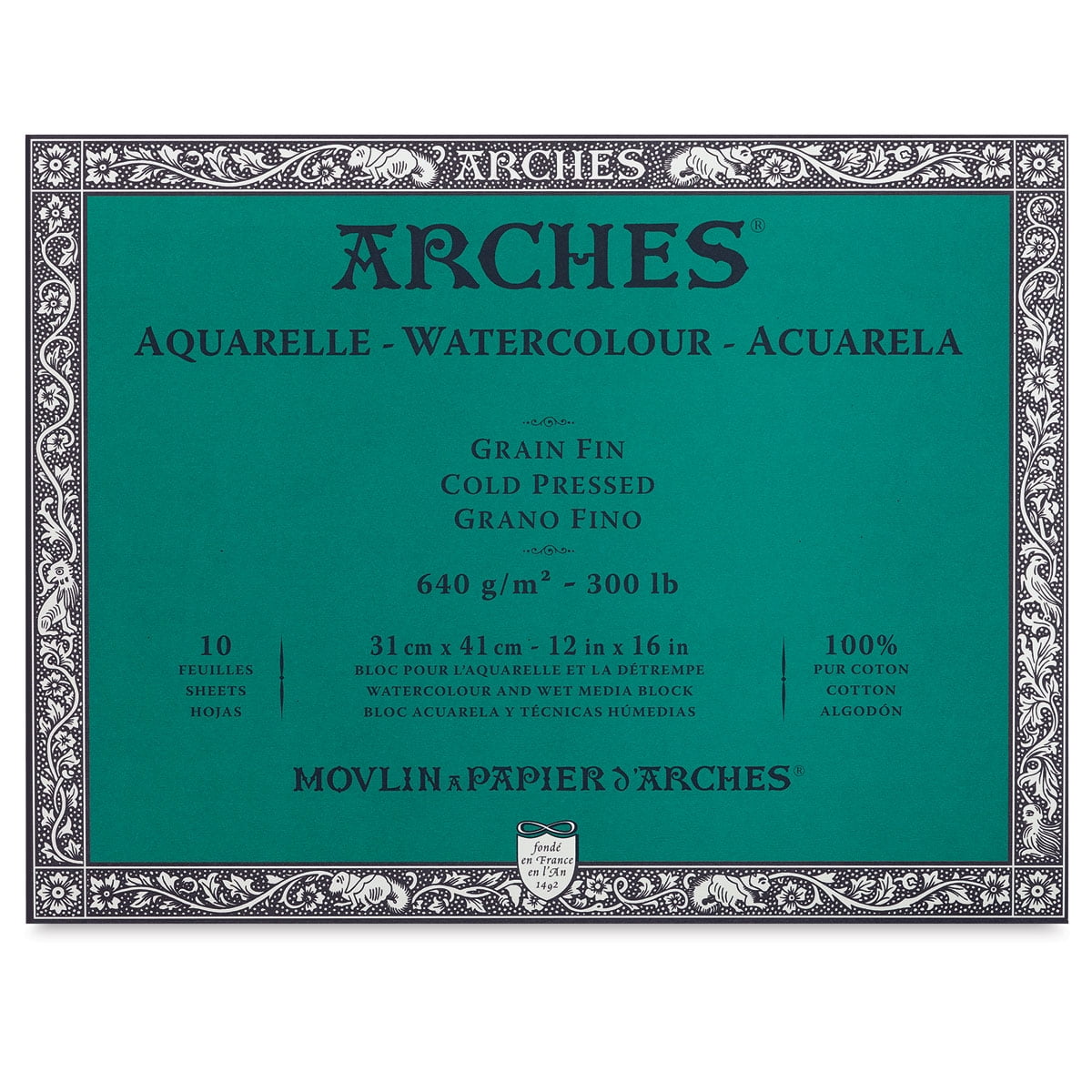 ARCHES® Aquarelle Watercolor Paper Block, Heavyweight, Cold Press, Natural White, 300 lb (640 gsm), 10 Sheet, 12x16 in, 1 Count