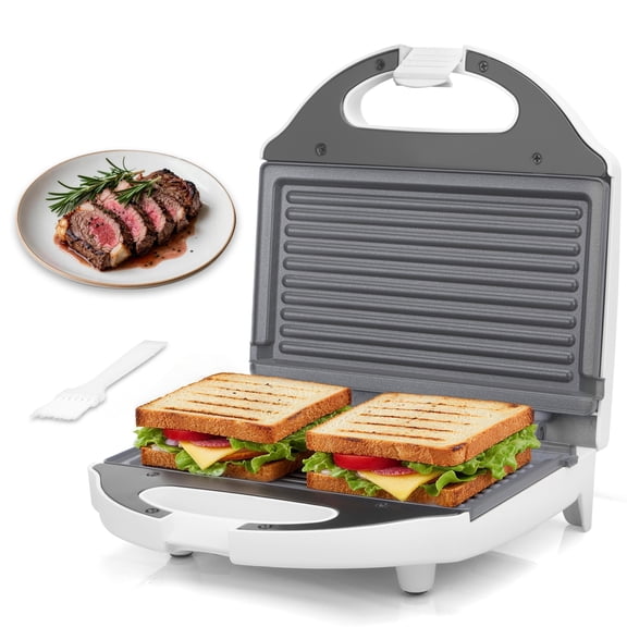 Mailand 2 Slices Mini Panini Press Grill with PFAS-Free Ceramic Coated Plates, White
