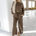 thumbnail image 3 of 2 Pcs/Set Women Top Pants Suit Round Neck Long Sleeves Textured Solid Color Sweatshirt Elastic Waist Wide Leg Trousers Daily Wear Sport Outfit Fall Spring Tracksuit, 3 of 7