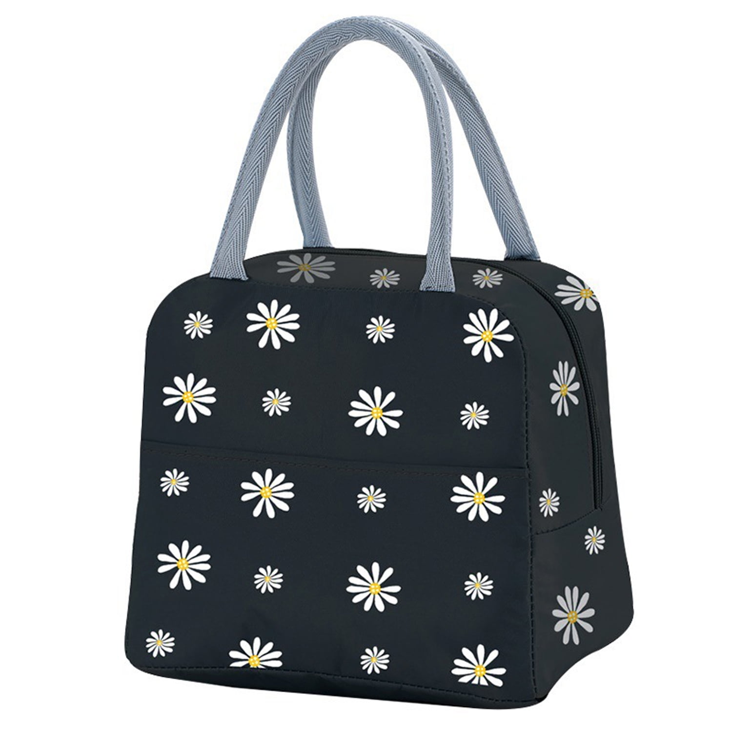 Black Lunch Bag Floral Daisy Women Tote Box Reusable Canvas Cooler