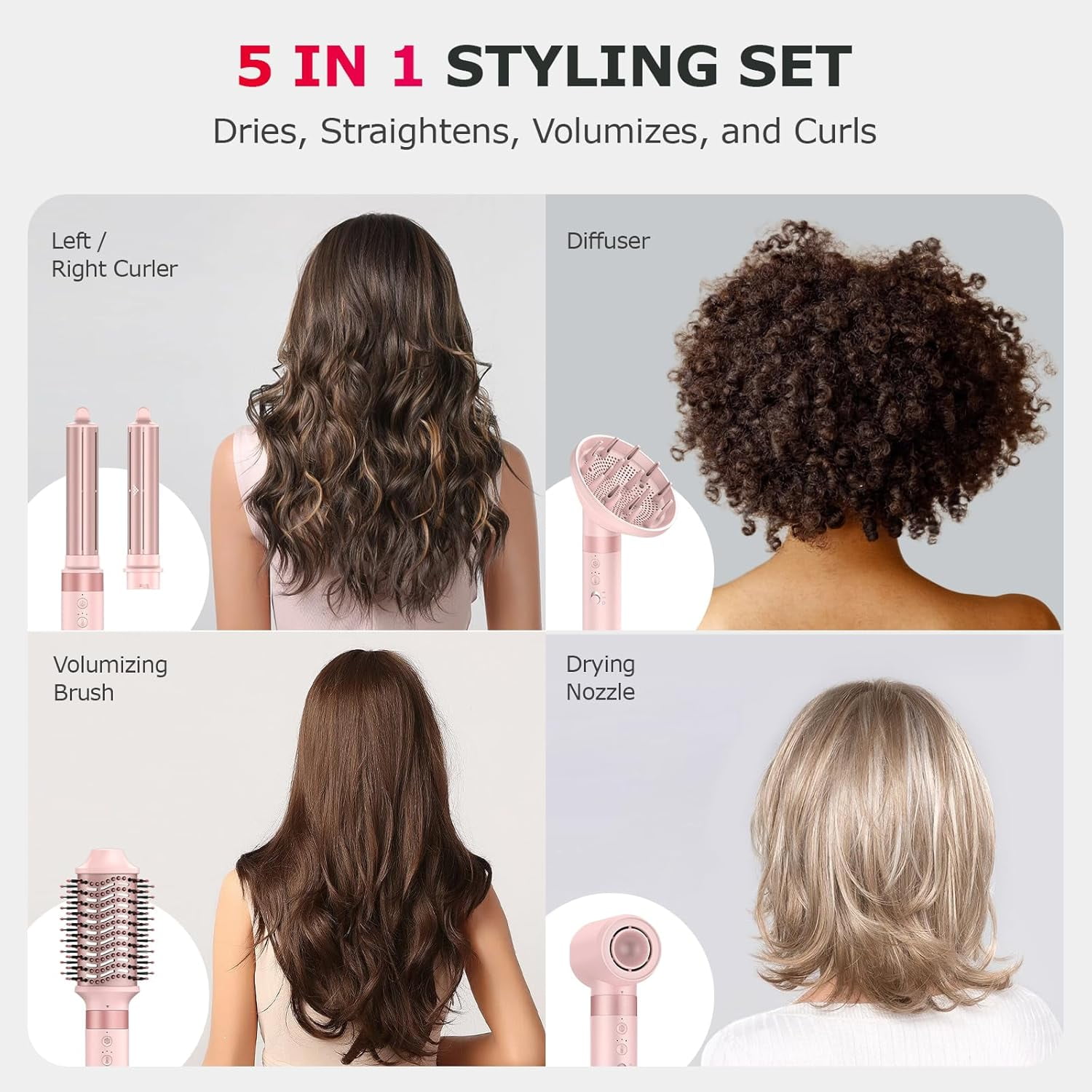 5-in-1 High-Speed Hot Air Styler with Diffuser for Curly Hair - Professional Frizz-Free Hair Dryer Brush for Fast Drying, Curling & Volumizing, Includes Travel Bag
