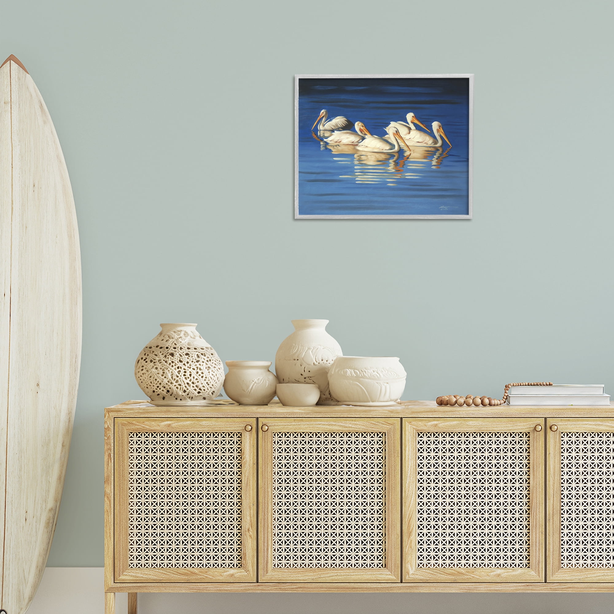 Stupell Industries Pelican Flock Lake Ripples Animals & Insects Painting Gray Framed Art Print Wall Art, 20 x 16