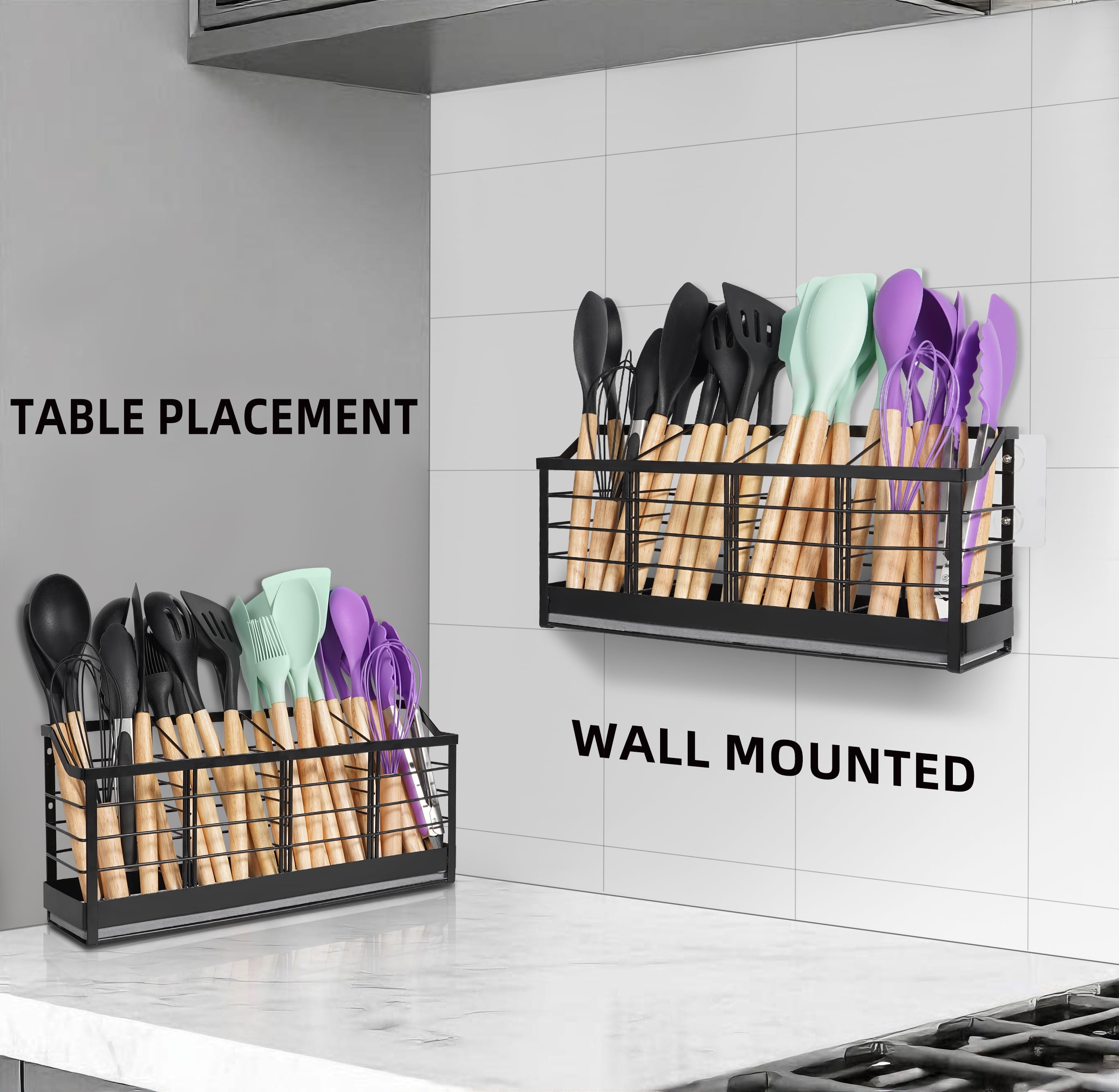 Large Utensil Holder for Kitchen Counter:Kitchen Cooking Utensil Holder Organizer with Diatomaceous Earth Base Matte Black (4 Compartments)