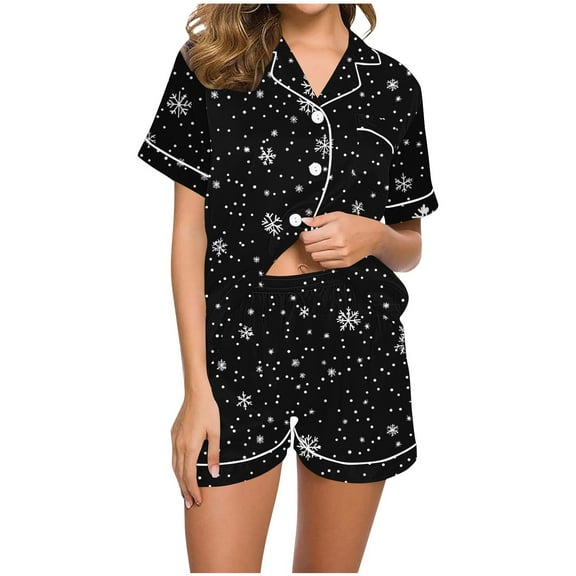 Lorytime Pjs Sets for Women Christmas Snowflakes Short Sleeved Collared Button Down Shirt Sleep Shorts Cozy Sleepwear