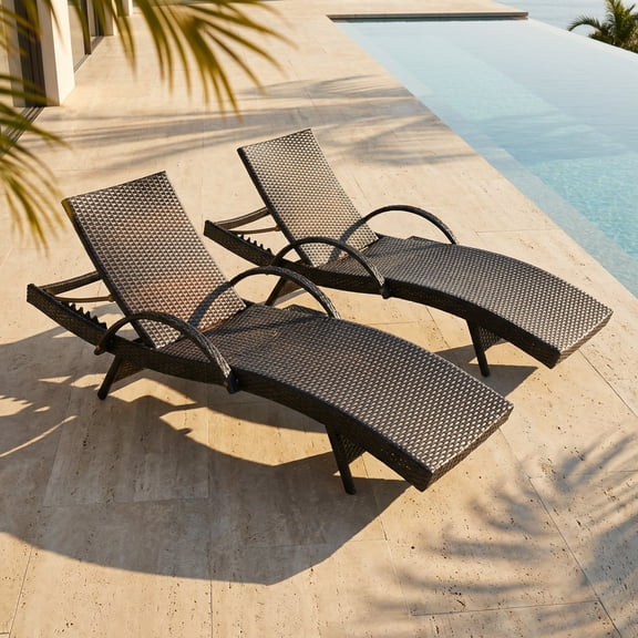 80.3” Outdoor Lounge Chairs Set of 2, Brown Wicker Chaise Lounge, Patio Recliner Chair, Adjustable Backrest Pool Lounger, Tanning Chairs for Outside with Pull-Out Side Table, Steel Frame