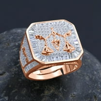 Mens 14K Rose Gold Finish Libra Scales Zodiac Sign Astrology Horoscope Ring Baguette & Round Cut Simulated Diamond Band