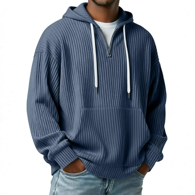 pstuiky Camisas casuales de manga larga para hombre, Sudadera informal de cuello redondo con capucha, media cremallera y bolsillo de manga larga de color liso para hombre xl