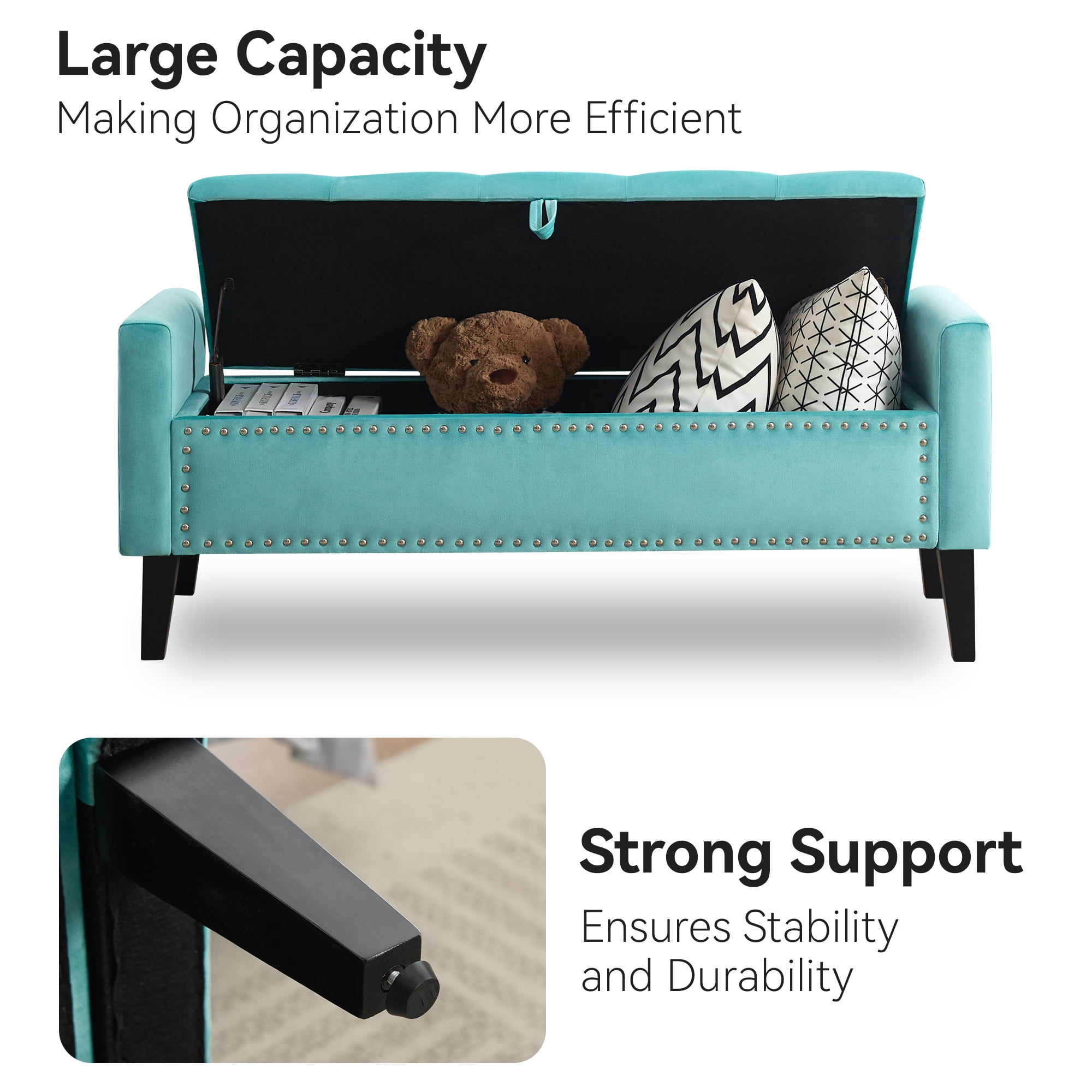 Velvet Storage Bench, Upholstered Bed Bench with Storage, End of Bed Ottoman with Wooden Legs,Bedside Storage Bench for Bedroom, Living Room, or Entryway, Teal