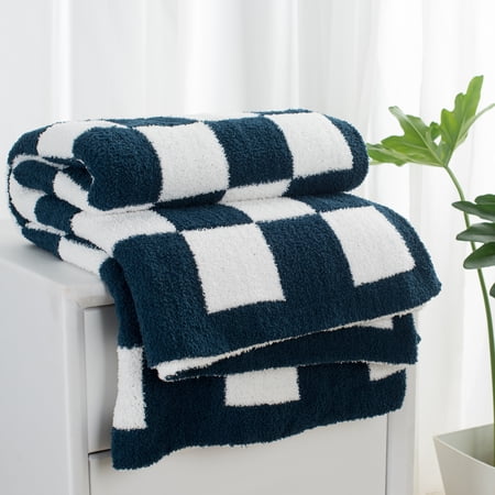 Carriediosa Navy Blue Checkered Throw Blanket 50" x 60", Fuzzy Fluffy Throws for Couch Bed