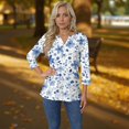 thumbnail image 5 of WTOBBY Women's V-Neck T-Shirt with Floral Print, Button Detail, and 3/4 Sleeve, Casual Weekend Fashion for Spring Fall Season, Daily Use, and Outings,Blue 3XL, 5 of 6