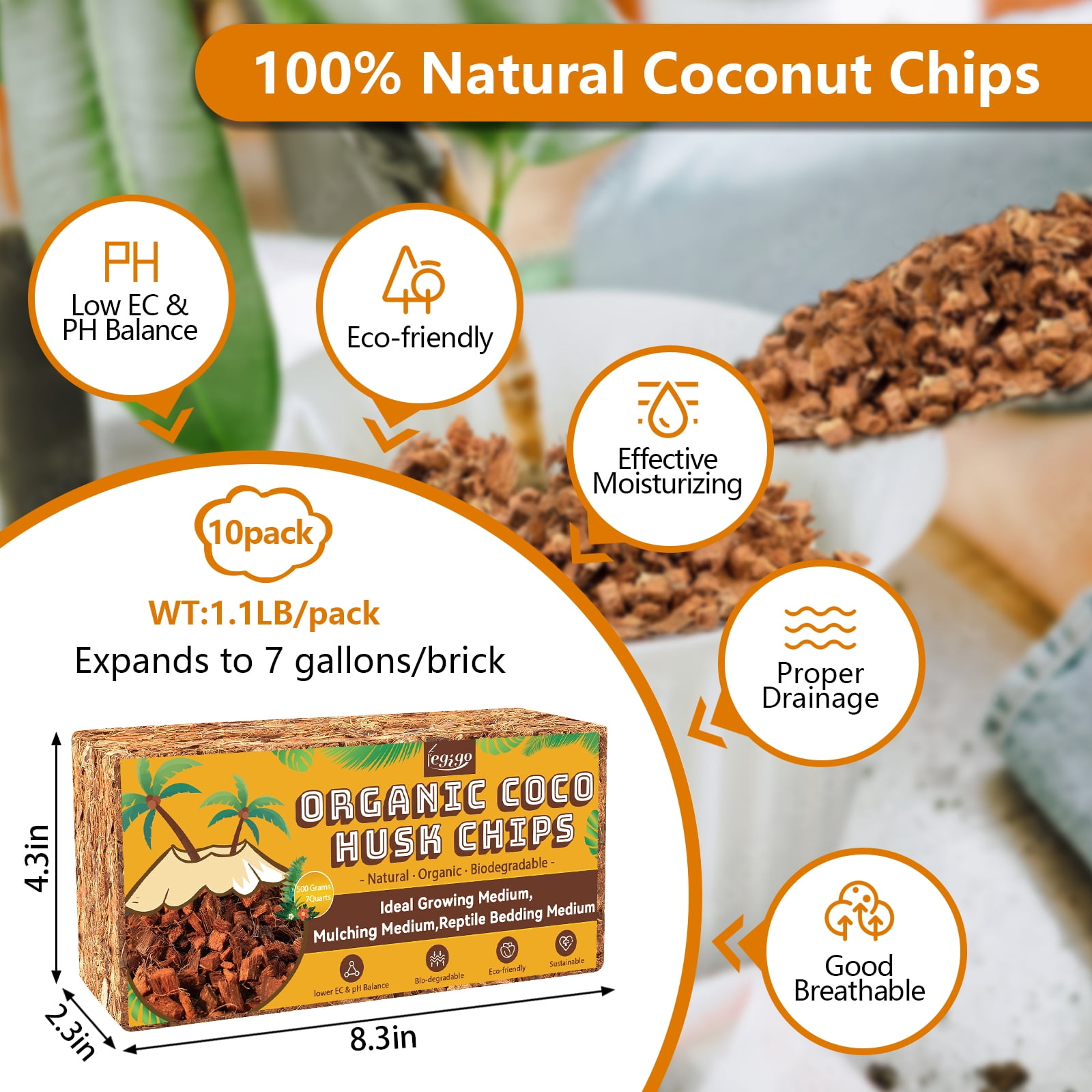 10 pack Coco Husk Chips- 100% Organic Coconut Coir Chips Brick Potting Soil Mix with Low EC & PH Balance, Compressed Coconut Substrate Coco Chips Mulch Medium for Garden, Flowers, Plants
