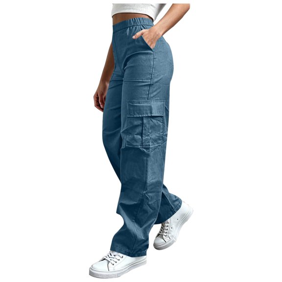Akmaiox Cargo Pants Women,Button Zipper High Waist Work Pants with Pockets,Casual Loose Outdoor Training Climbing Hiking Pants S-2XL