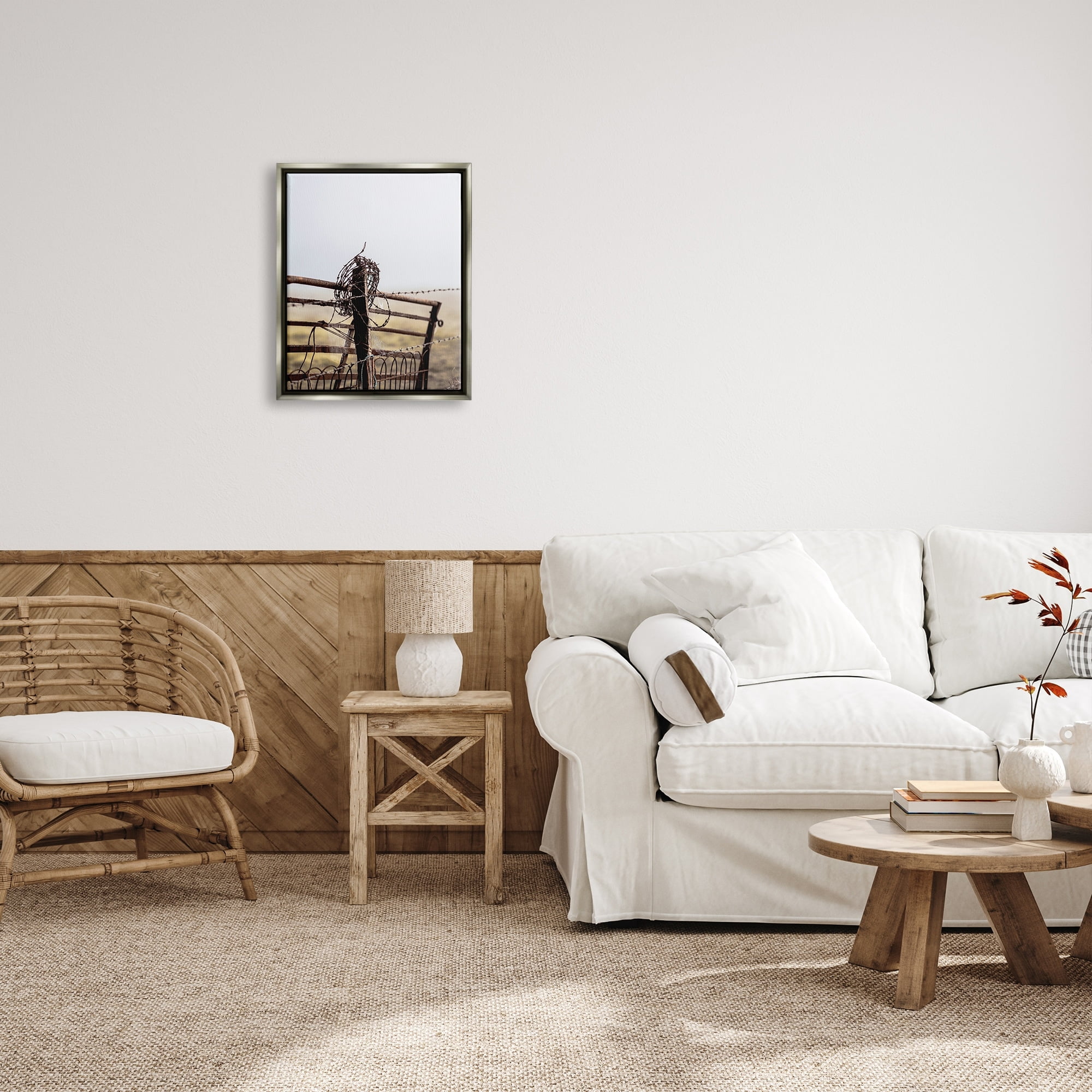 Stupell Industries Rural Meadow Fence Barbed Wire Countryside Photography Photograph Luster Gray Floating Framed Canvas Print Wall Art, Design by Leah Straatsma
