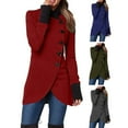 thumbnail image 2 of comerut Women Fall Winter Jacket Stand Collar Neck Protection Single-breasted Irregular Split Hem Soft Patchwork Long Sleeve Solid Color Thick Warm Mid Length Lady Coat, 2 of 8