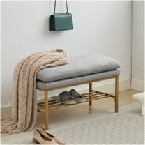 JERFIT Modern Linen Storage Bench, Upholstered End of Bed Bench with Shelf for Entryway, Living Room & Bedroom, Polyester Blend, Gray