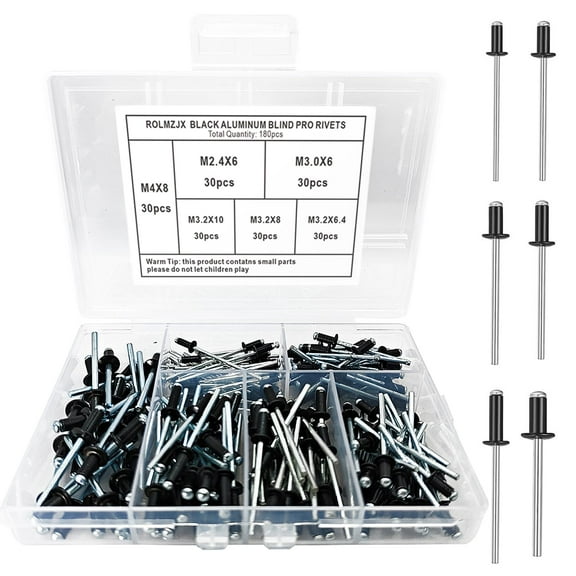 ROLMZJX 180pcs Black Rivets Pop Rivets Assortment Kit, Aluminium Blind Rivets, Pop Rivets with Open End, Aluminium Blind Rivets Assortment Pop Rivets Set Pop Rivets for Metal Wood Plastic