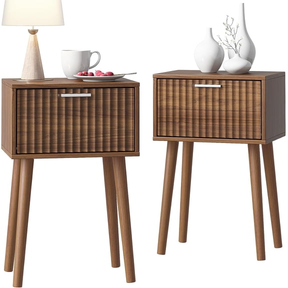 Nightstands Set of 2, Small Side Table, Bedside Table with Fluted Door, Solid Wood Feet; Modern Mid-Century End Table for Bedroom, Small Space (Rustic Brown)