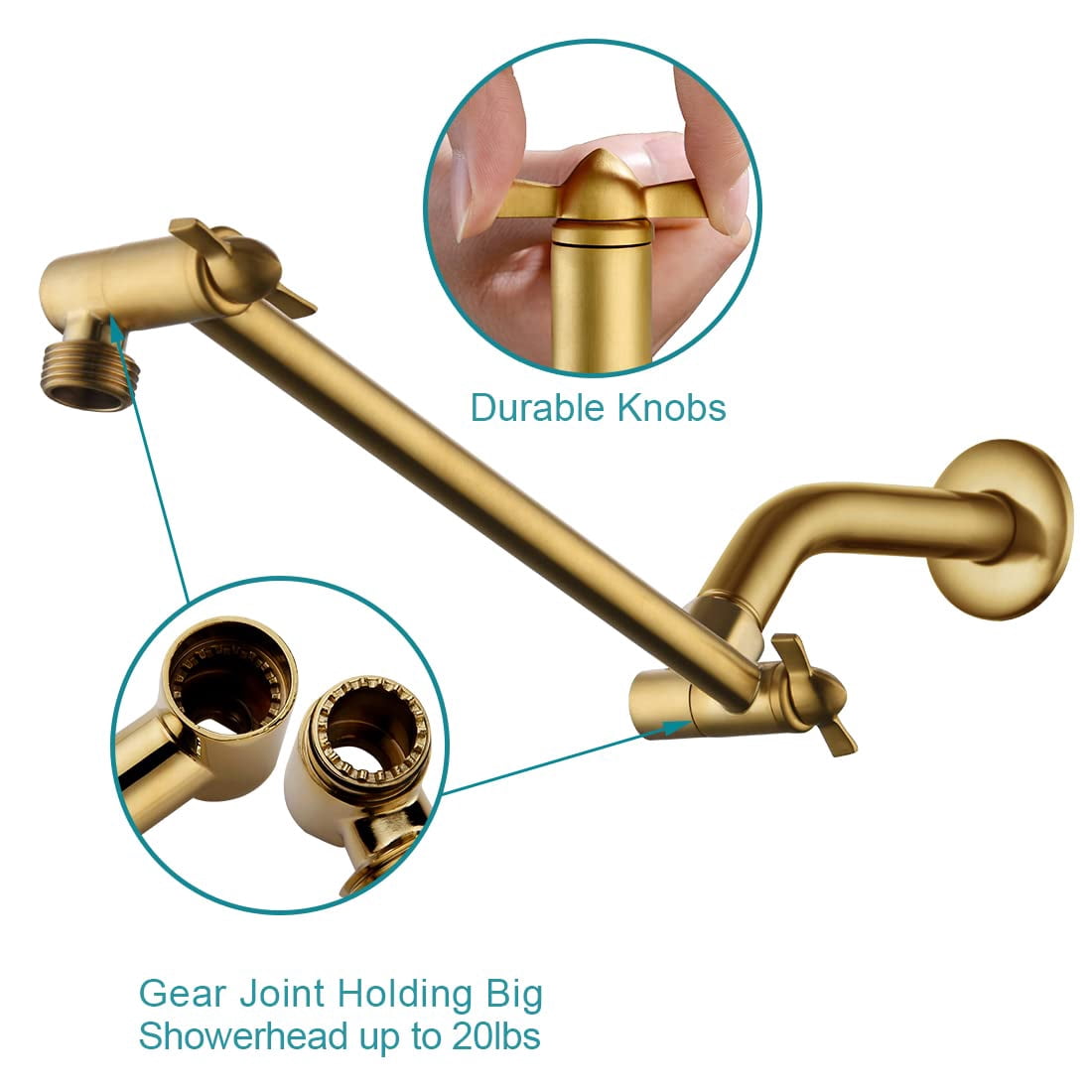 BRIGHT SHOWERS Brass Shower Head Extension Arm for Rain and Handheld Shower Head, 10 Inch Universal Shower Head Extender, Height & Angle Adjustable, Brushed Gold