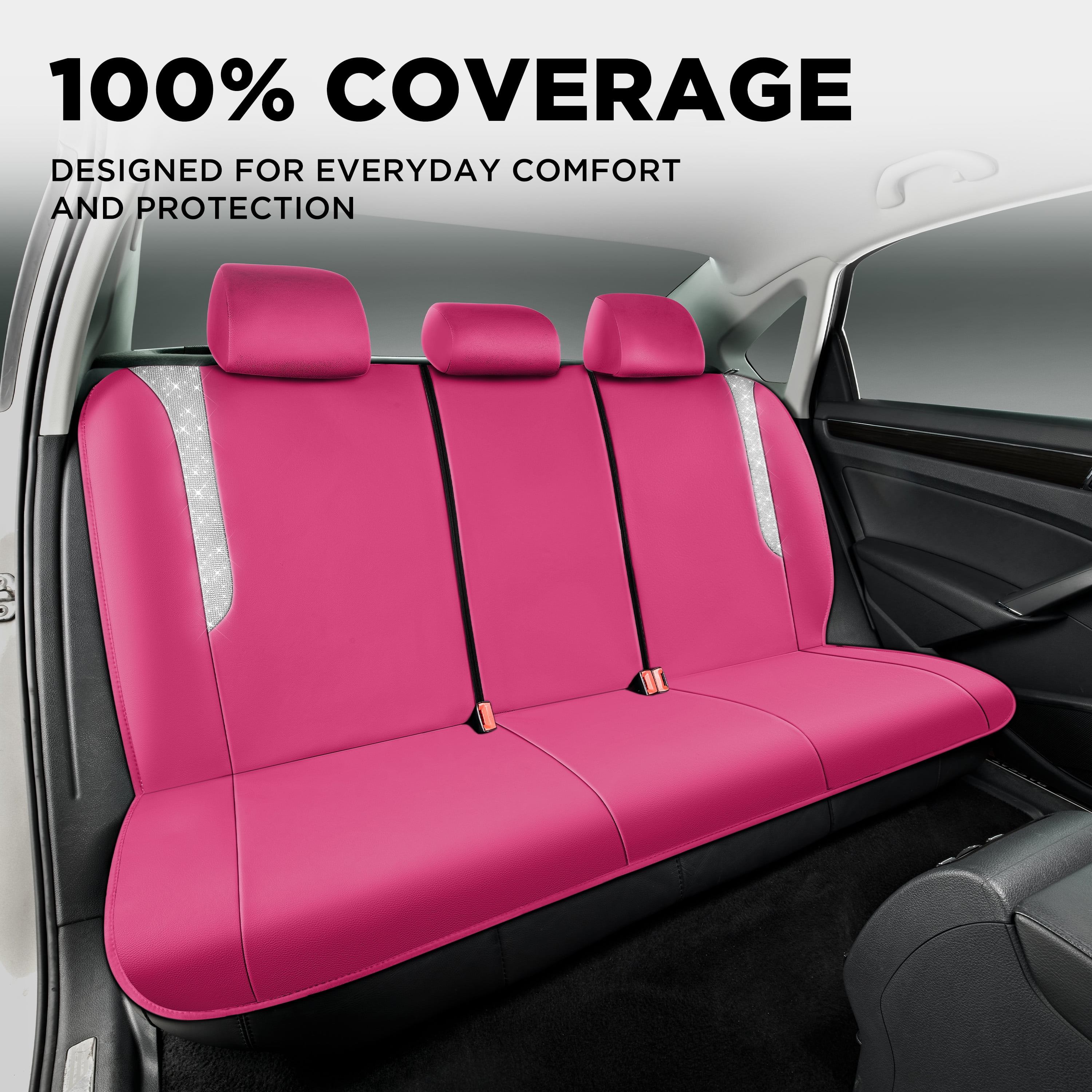 PIC AUTO Car Seat Covers - Sparkly Hot Pink Leather with Bling Glitter, Full Set, Waterproof, Airbag Compatible, Universal Fit