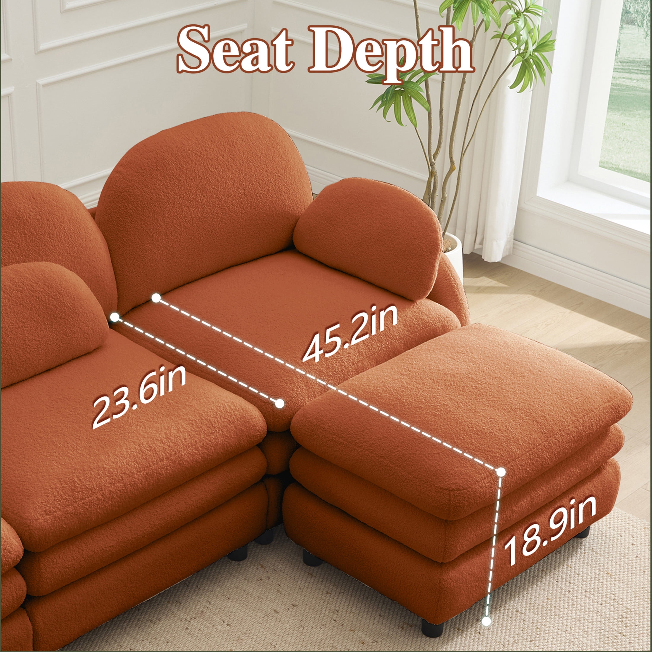 Noble House Windsor Teddy Fabric 4-Seater Sectional Sofa, Modular Cloud Couch with Lumbar Pillows, Orange