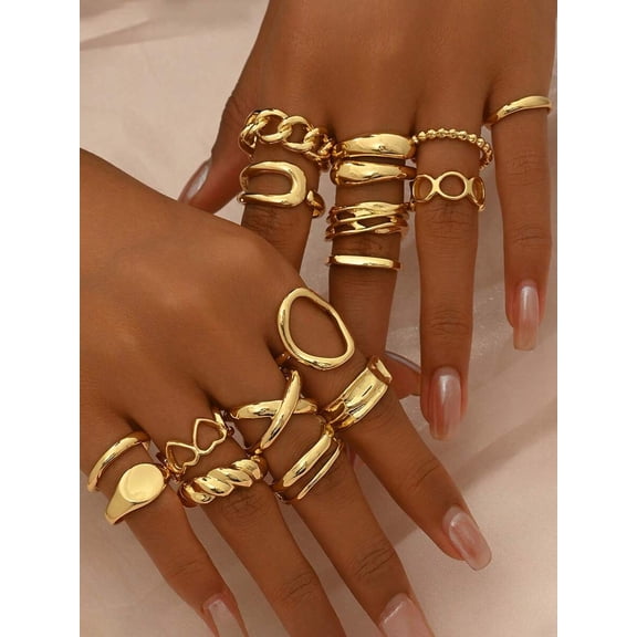 12pcs Gold Tone Creative Fashion Multi-Element Hollow Geometric Open Ring Set For Women, Bohemian Baroque Style Daily Wear Jewelry
