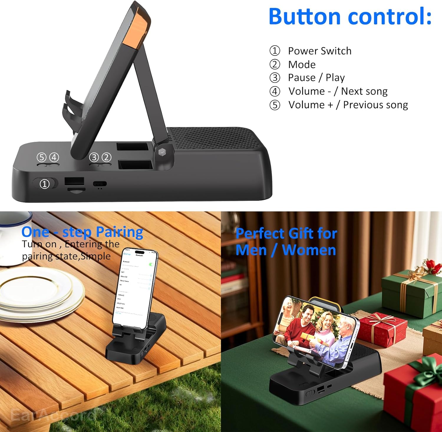 Cell Phone Stand with Wireless Bluetooth Speaker,Loud with bass Phone Speaker Amplifier, Foldable Adjustable Desk Kitchen Bracket Sturdy Stable Holder for iPhone ipad Tablet Android-Black