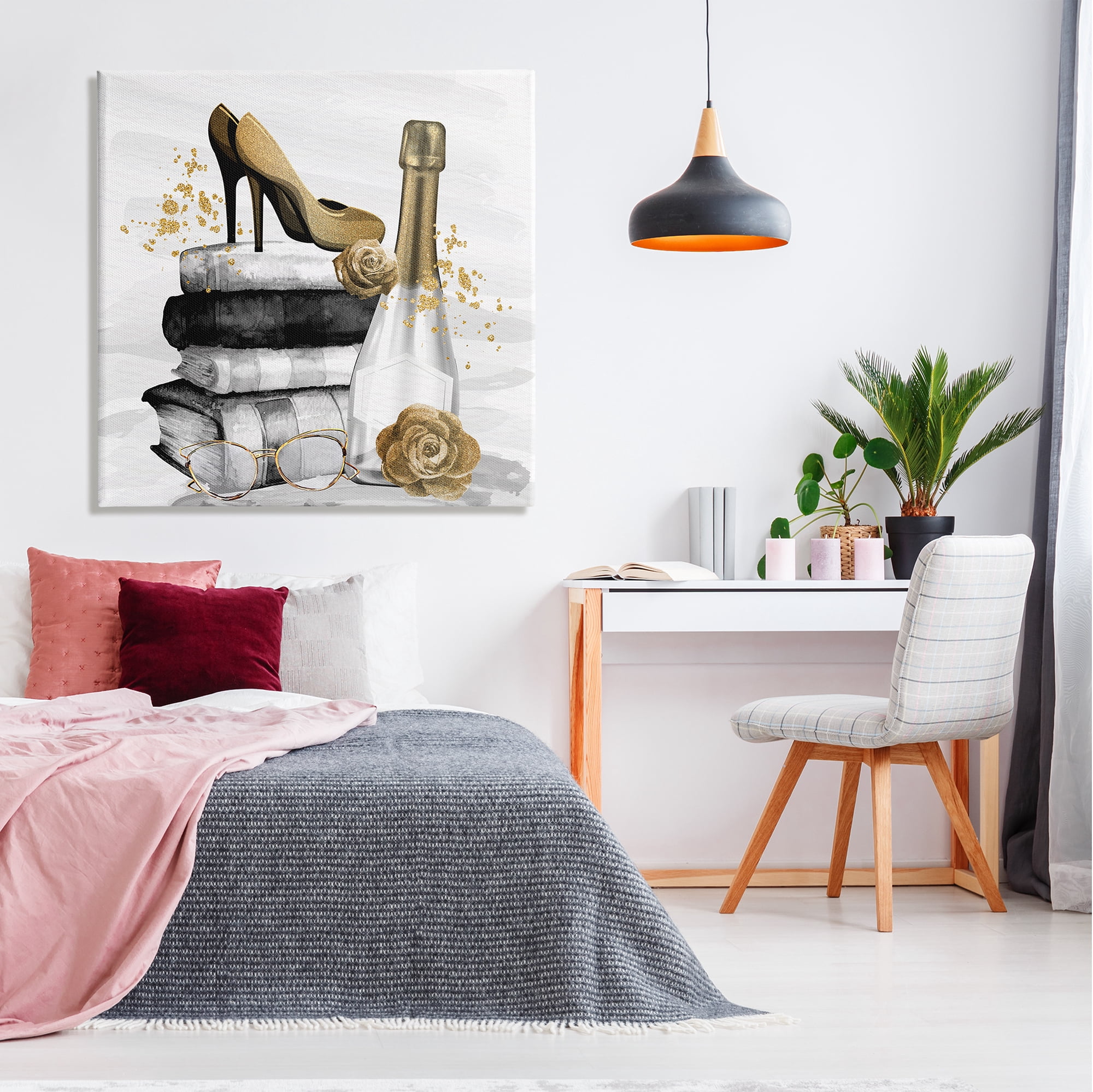 Stupell Industries Trendy Fashion Heels Book Stack Dazzling Champagne Graphic Art Gallery Wrapped Canvas Print Wall Art, Design by Kim Allen