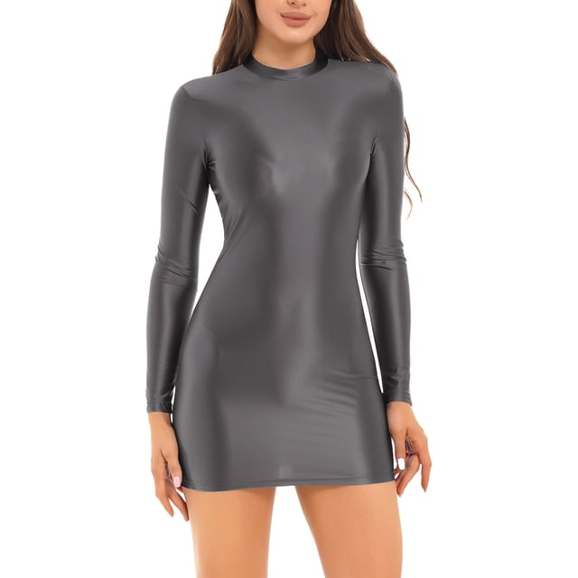RUNQHUI Robe Moulante à Manches Longues Brillante pour Femmes Col Montant Lisse Extensible Mini Robes Gris Foncé L