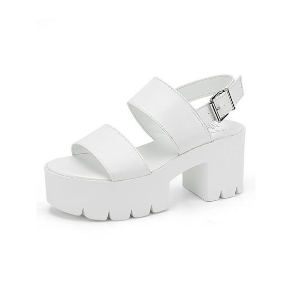 READYSALTED Women's Cleated Chunky Platform Sandals in Open Toe Ankle Strap Block Heel(White,Size 8)