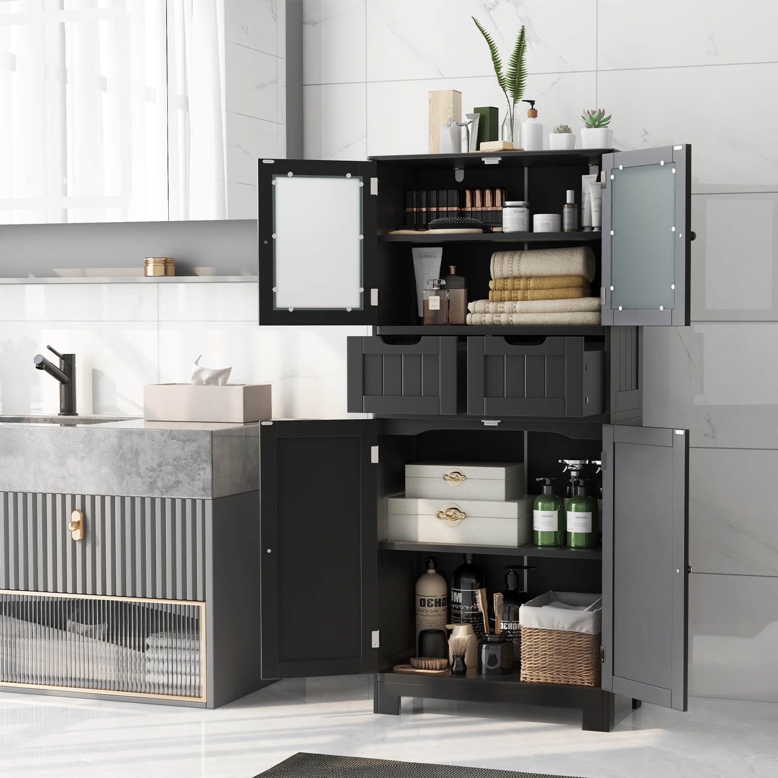 Costway Bathroom Floor Storage Cabinet Kitchen Cupboard with 2 Drawers & Glass Doors Black