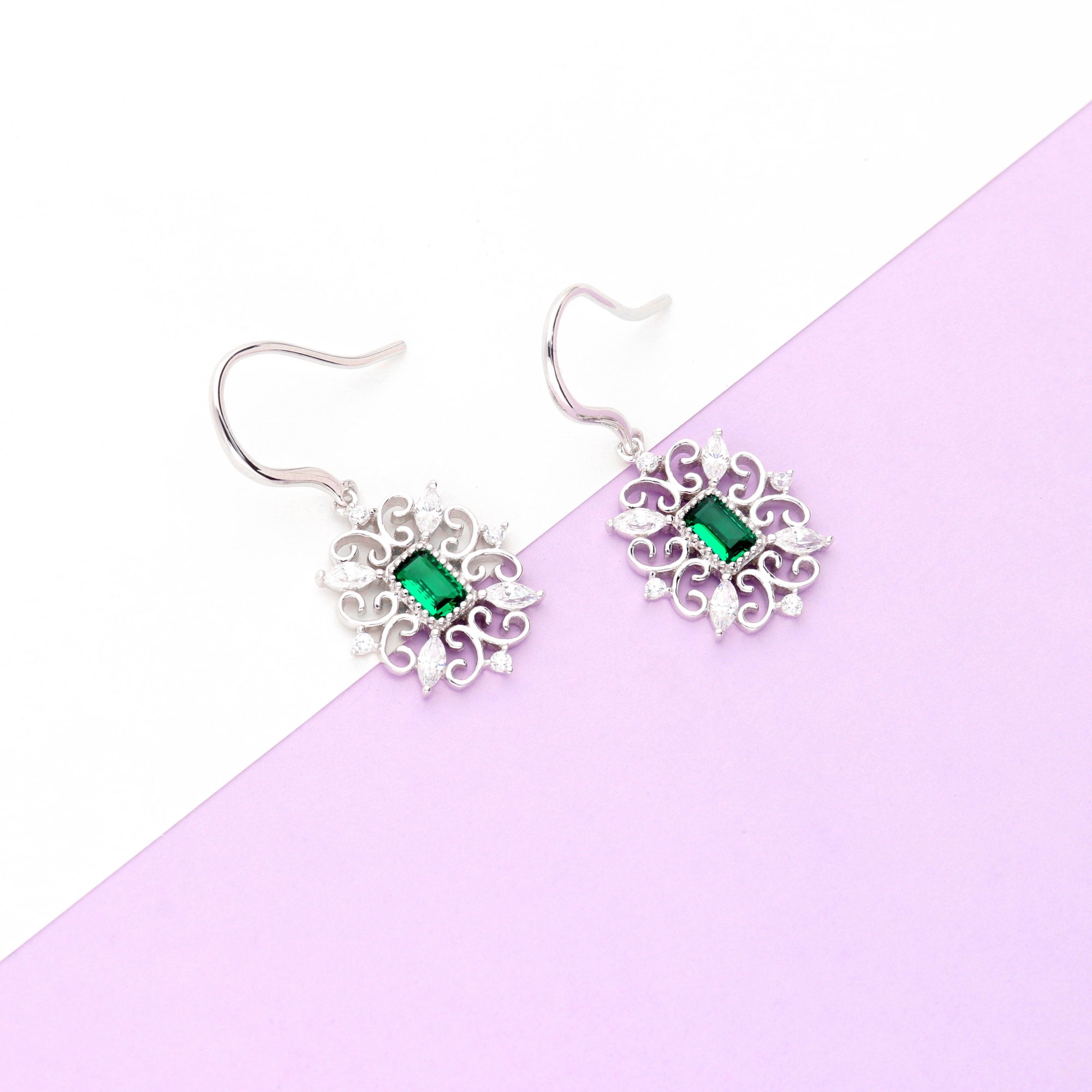 BERRICLE Sterling Silver Vintage Inspired Art Deco Green Cubic Zirconia CZ Filigree Fish Hook Dangle Drop Earrings for Women, Rhodium Plated