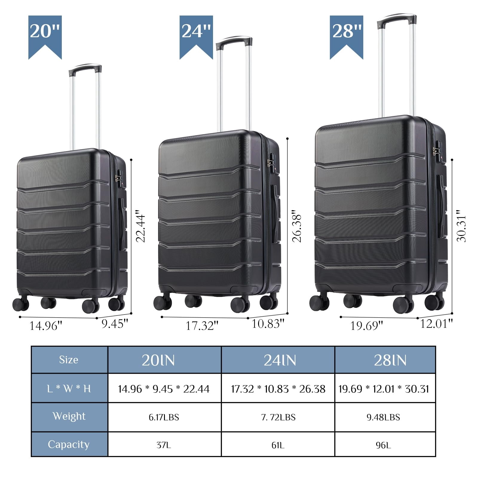 Kelno Carry On Luggage with Spinner Wheels ABS Hard Shell Suitcase Expandable Rolling Luggage with TSA Lock, Black