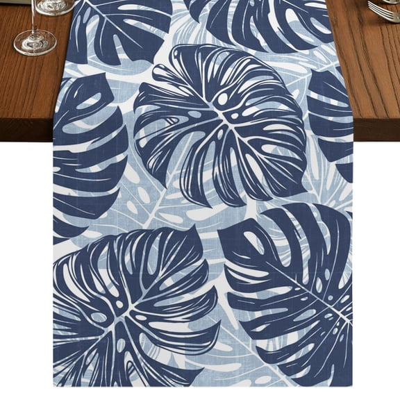 Navy Blue Monstera Deliciosa Burlap Cotton Table Runner 18x72 Inches Long, Summer Botanical Tropical Farmhouse Table Runners, Outdoor Dining Table Decor for Baby Shower/Party/Wedding