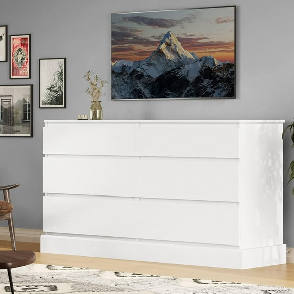 Hasuit 6 Drawer Double Dresser, 51.5''W Wooden Storage Chest of 6 Drawers, Large Capacity Clothing Storage Cabinet, Wide White Dresser for Bedroom