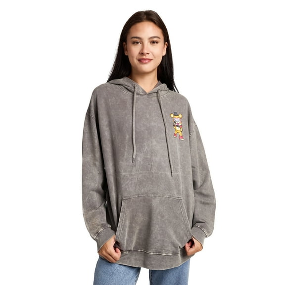 Five Nights At Freddy's Glamrock Freddy & Friends Women's Gray Mineral Wash Long Sleeve Fleece Hooded Sweatshirt-Small