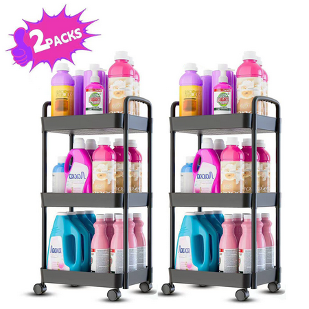 ClozOrg 2 PCS 3 Tier Rolling Utility Cart with Wheels, Storage Organizer for Office Bathroom Kitchen, Black