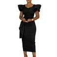 thumbnail image 2 of Women's Sexy V Neck Vintage Warp Ruffle Ruched Bodycon Cocktail Party Midi Dress, 2 of 5
