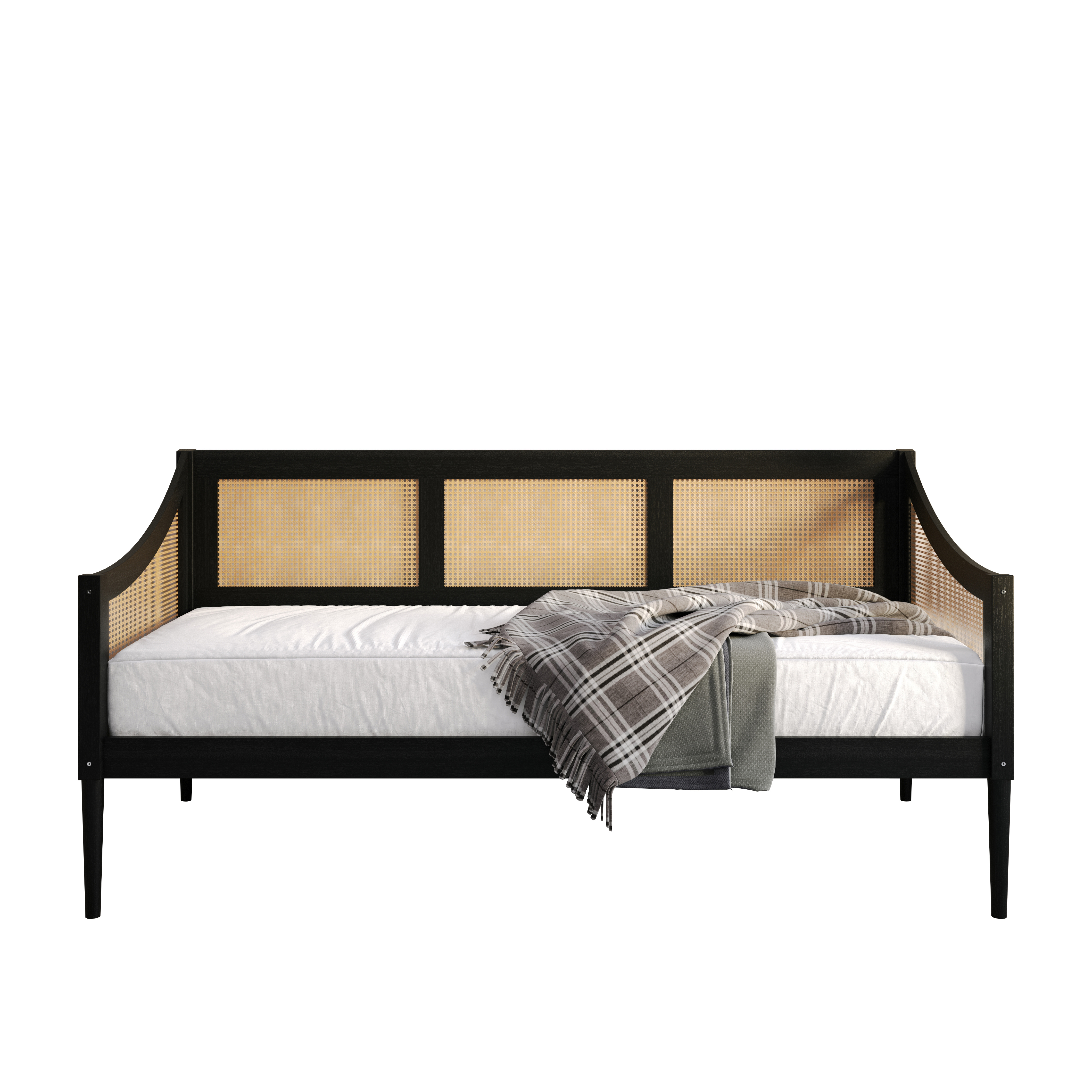 Home Design Elko Twin Daybed with Natural Wood Grain Frame, Rattan Accents, Durable Solid Wood, Stylish Seating and Sleeping Solution, Black