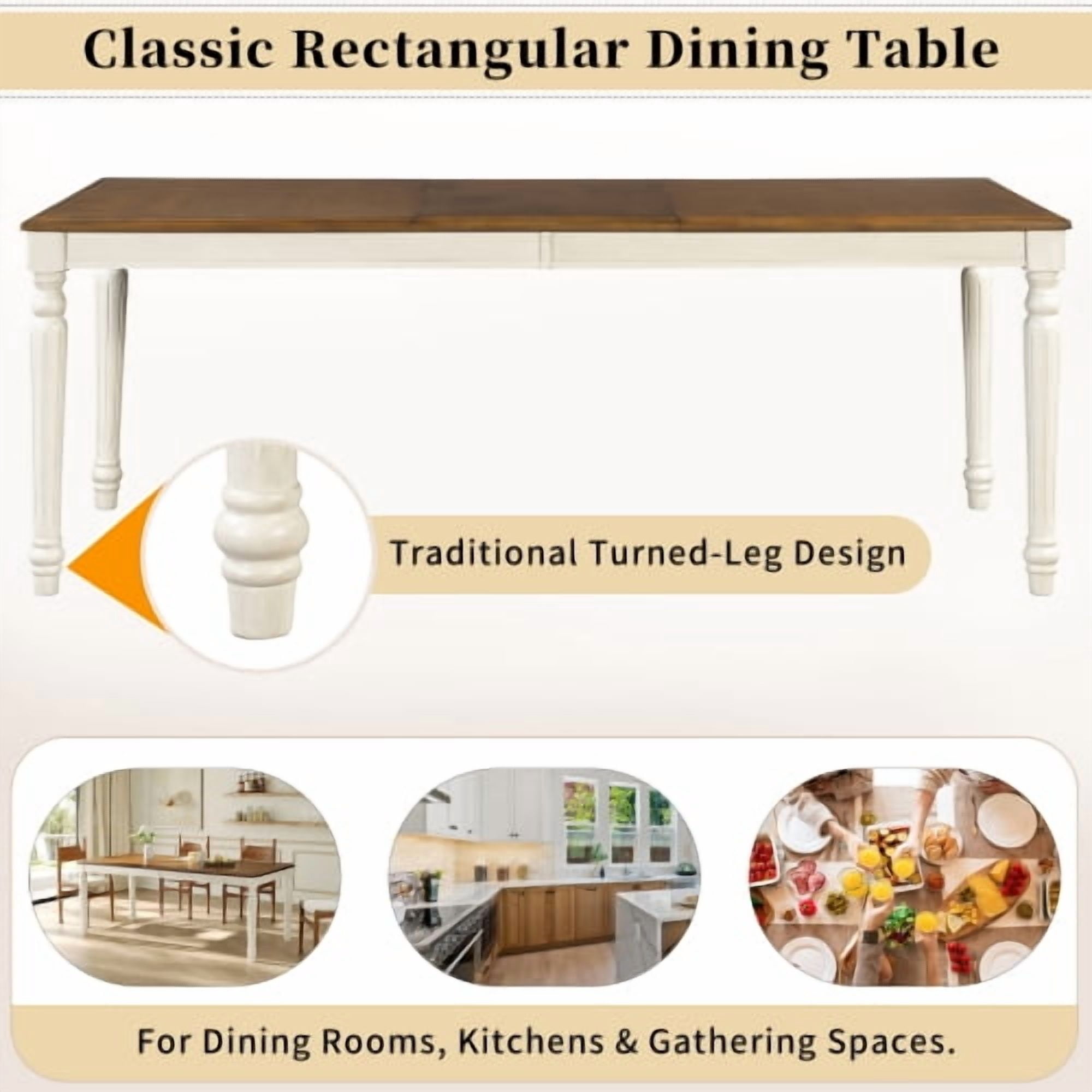 78.7" Traditional Rectangular Dining Table with Framed Wood Top & Turned Rubberwood Legs, Natural
