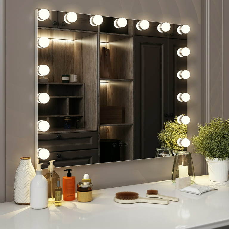 GIFFIH Vanity Mirror with Lights, Hollywood Lighted Makeup Mirror, Bedroom Vanity  Mirror with17pcs Light Smart Touch Control 3Colors Dimmable Light ,USB  Outlet,Table-Top or Wall Mount 