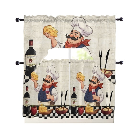 Kitchen Chef Kitchen Curtains Set for Windows 3 Piece Cafe Curtains 36 Inch Length Swag Curtains Valances and Tier Set Vintage Rustic Cheese Wine Coking Checked Drapes for Bedroom Living Room