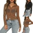 thumbnail image 5 of Women Long Sleeve Crop Top Turn-Down Collar Long Sleeve Tops See-Through Blouse Y2k Streetwear, 5 of 7