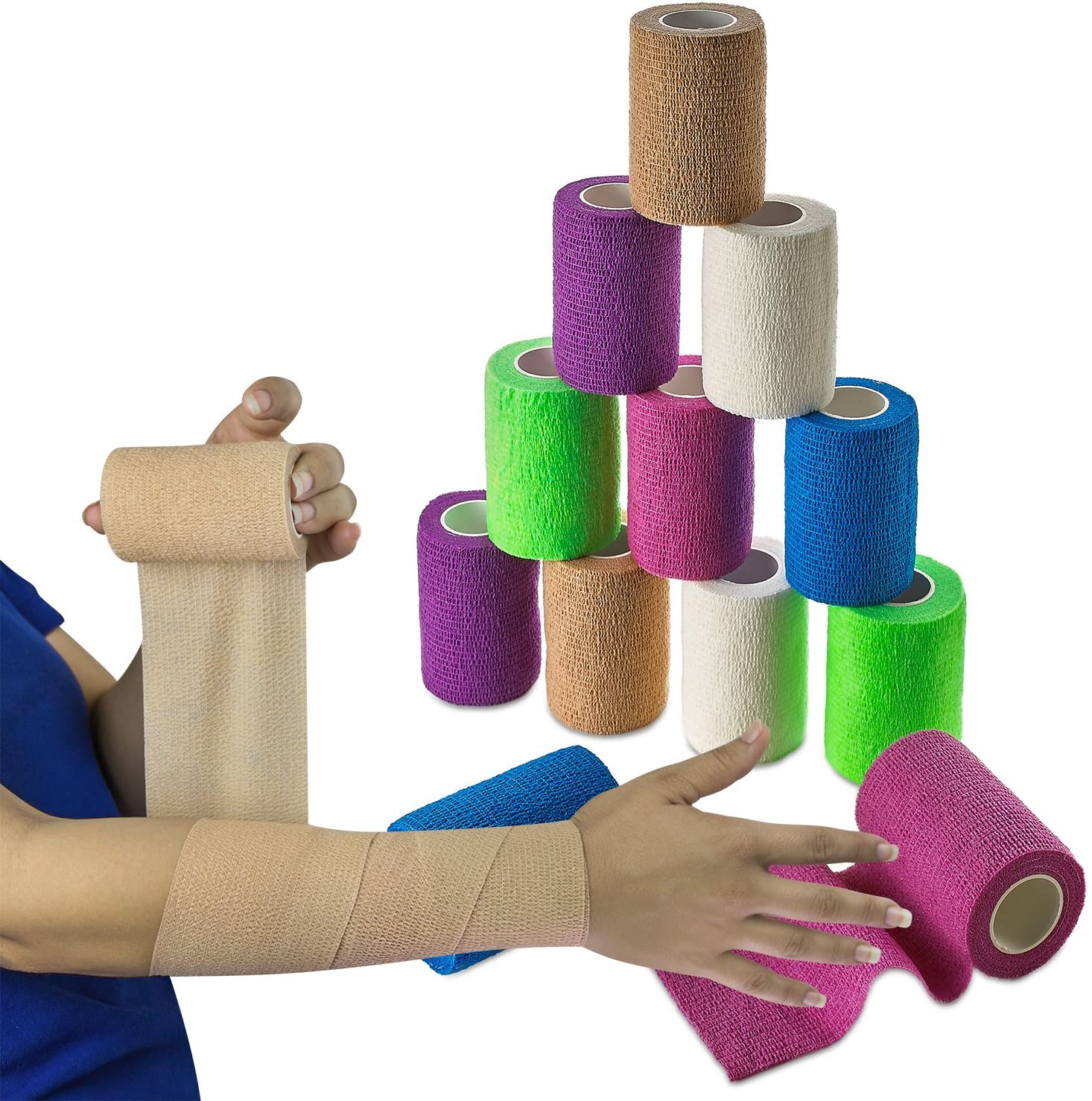 MEDca 3"x5 Yards Self-Adherent Cohesive Wrap Bandages, 12 Count, Strong Elastic