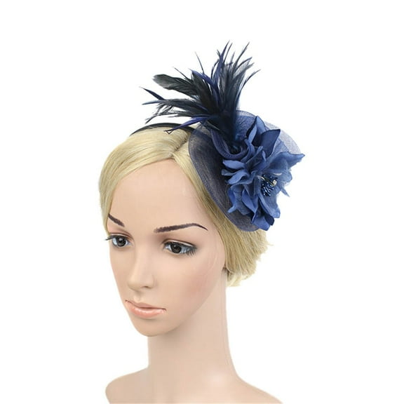 CILENON Clearance Fascinators Headband Women Mesh Hat Fascinator Flower Mesh Ribbons Feathers on A Headband Wedding Tea Party Kentucky Derby Fascinator Hats (Navy Blue,one Size)