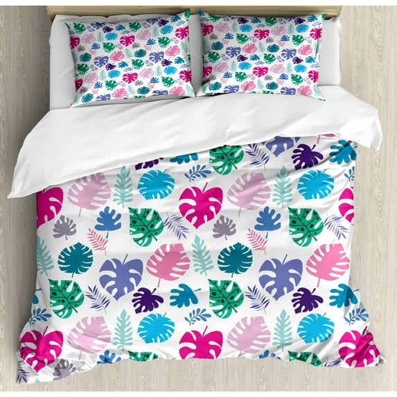 Hawaii Duvet Cover Set King Size, Colorful Pattern with Tropical Leaves on Plain Background Summer Aloha, Decorative 3 Piece Bedding Set with 2 Pillow Shams, Multicolor, by Ambesonne