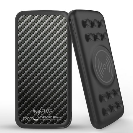 

INFUZE Qi Wireless Portable Charger for Moto G100 External Battery (12000 mAh 18W PD USB-C/USB-A 3.0 Ports Suction Cups) with Touchless Tool - Carbon Fiber